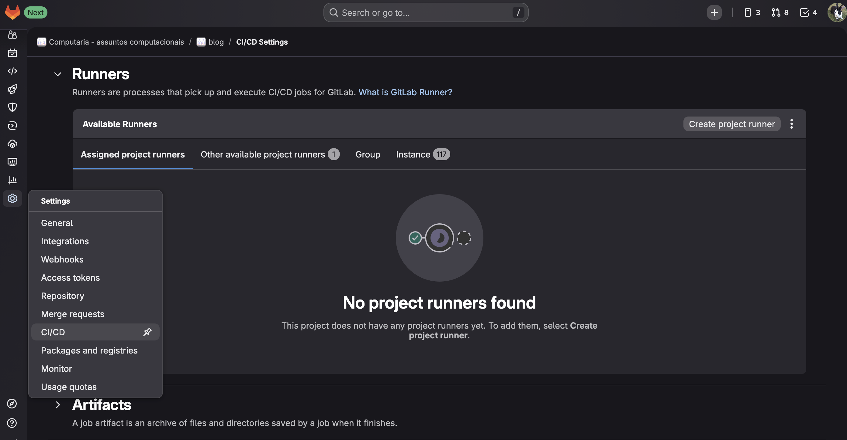 Mostrando onde cadastrar o project runner