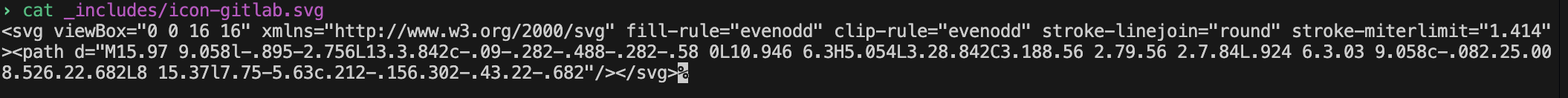 Comando cat mostrando o arquivo do ícone do GitLab com o indicador de que o arquivo não tem a quebra de linha no final